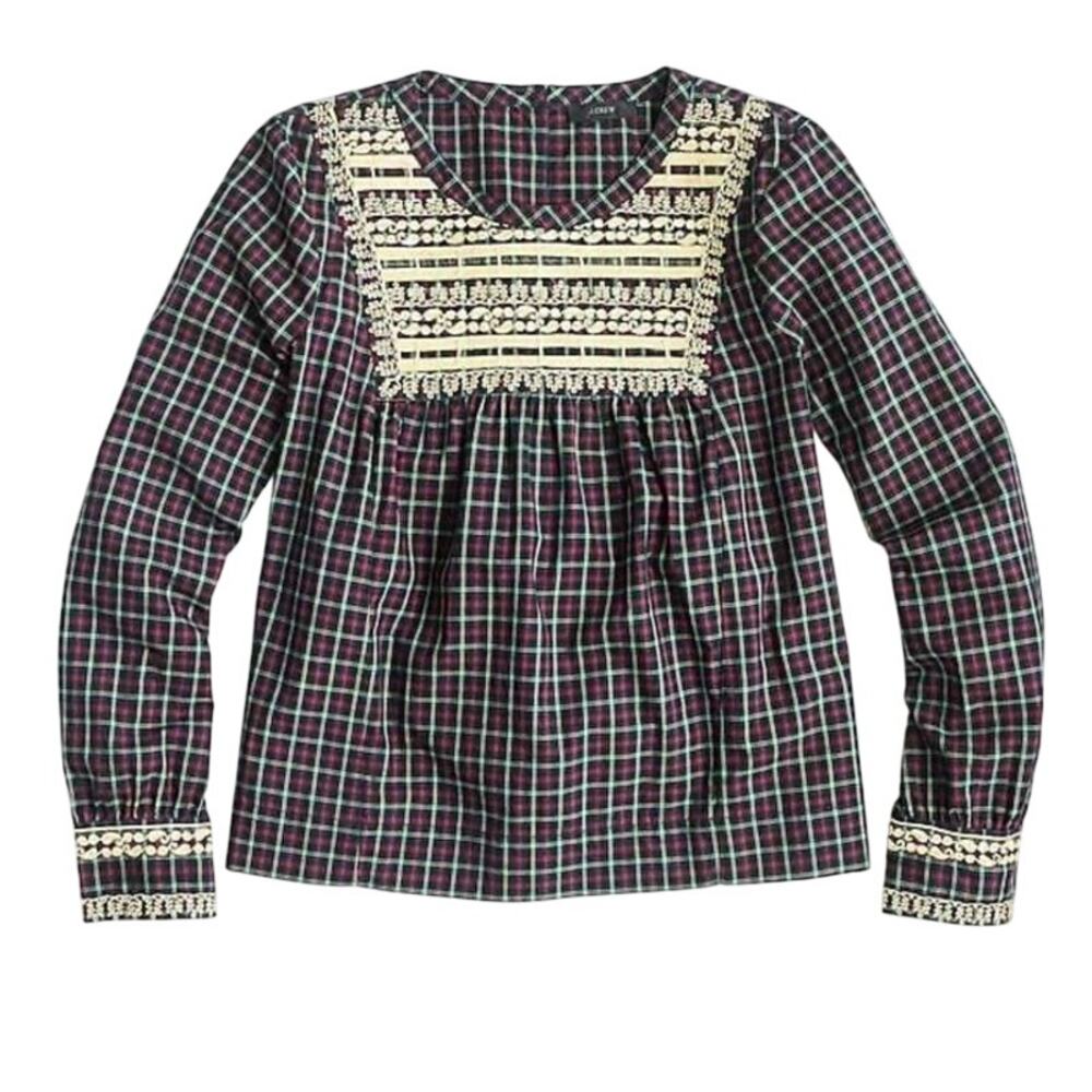 J. Crew Plaid Gold Embroidery Blouse Size XS